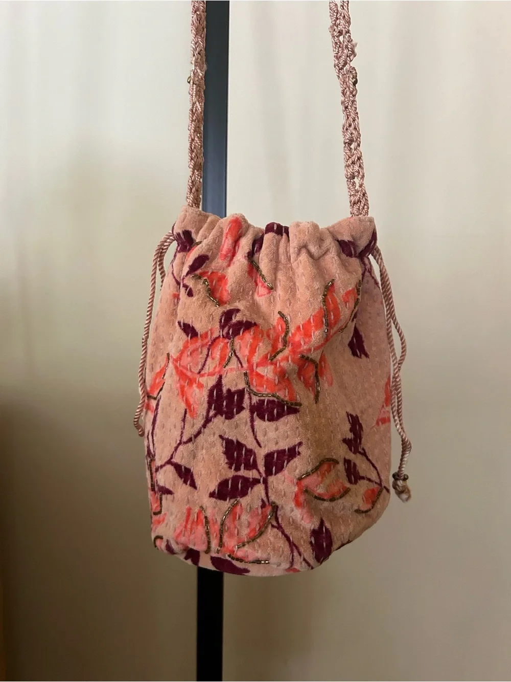 Free People Velvet Moon Crossbody Bag Drawstring Pink Floral Boho Festival